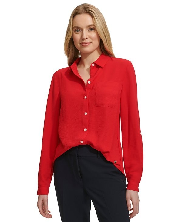 Tommy Hilfiger Women's Collared Button-Front Shirt SIZE L RED $69
