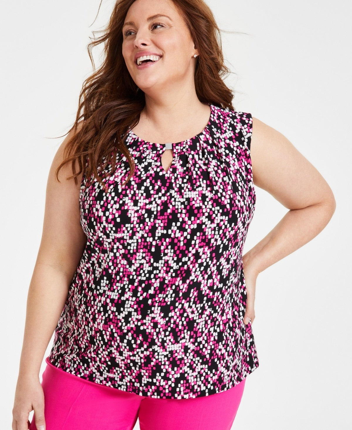 Kasper Plus Size Printed Keyhole Sleeveless Top Black Pink Size 3X MSRP $59