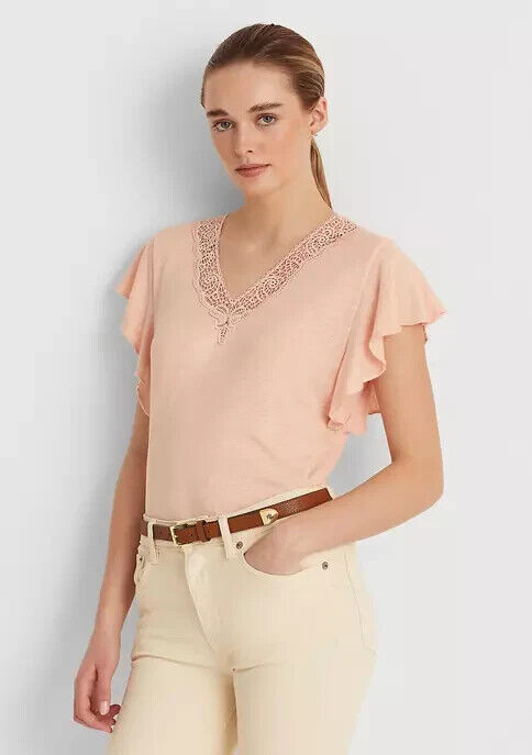 Lauren Ralph Lauren Linen-Blend Jersey Flutter-Sle Pale Pink Size PS MSRP $90