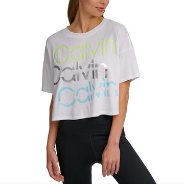 Calvin Klein Performance Sliced Logo Cropped TShirt Womens White Size L MSRP $40