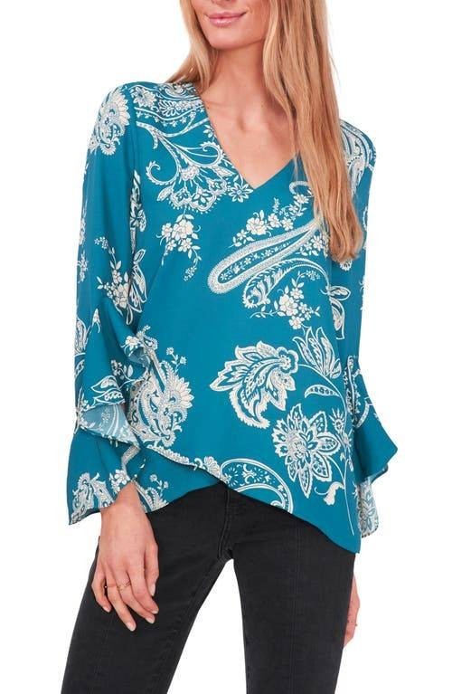 Vince Camuto Women's Paisley Flutter Sleeve V-neck Blouse Blue/Green Size M
