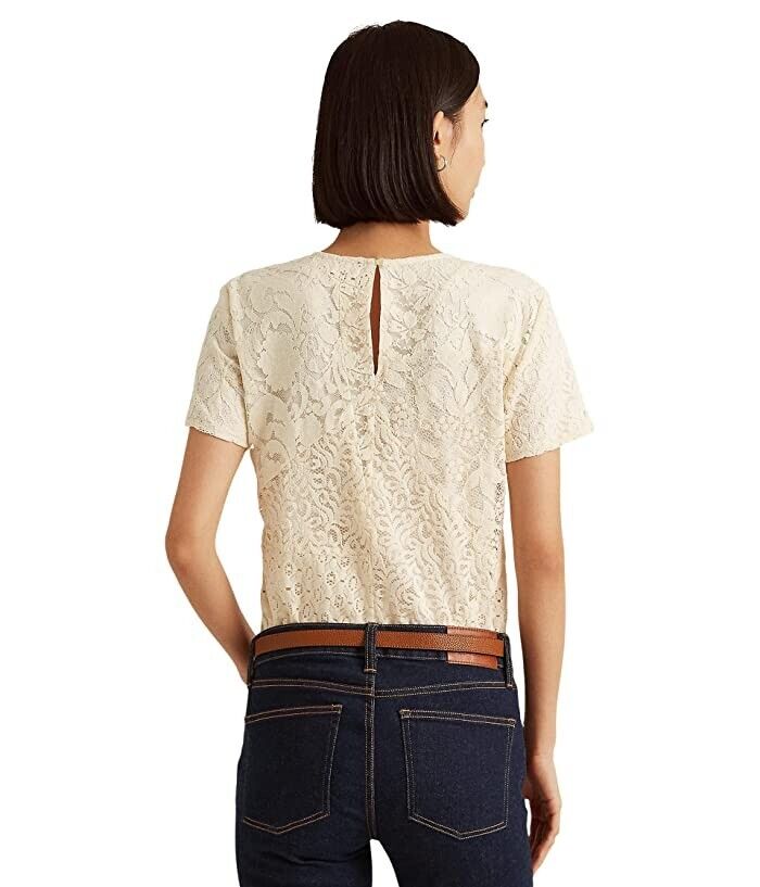 LAUREN Ralph Lauren Patchwork Lace Short Sleeve Blouse Ivory Size 10 MSRP $175