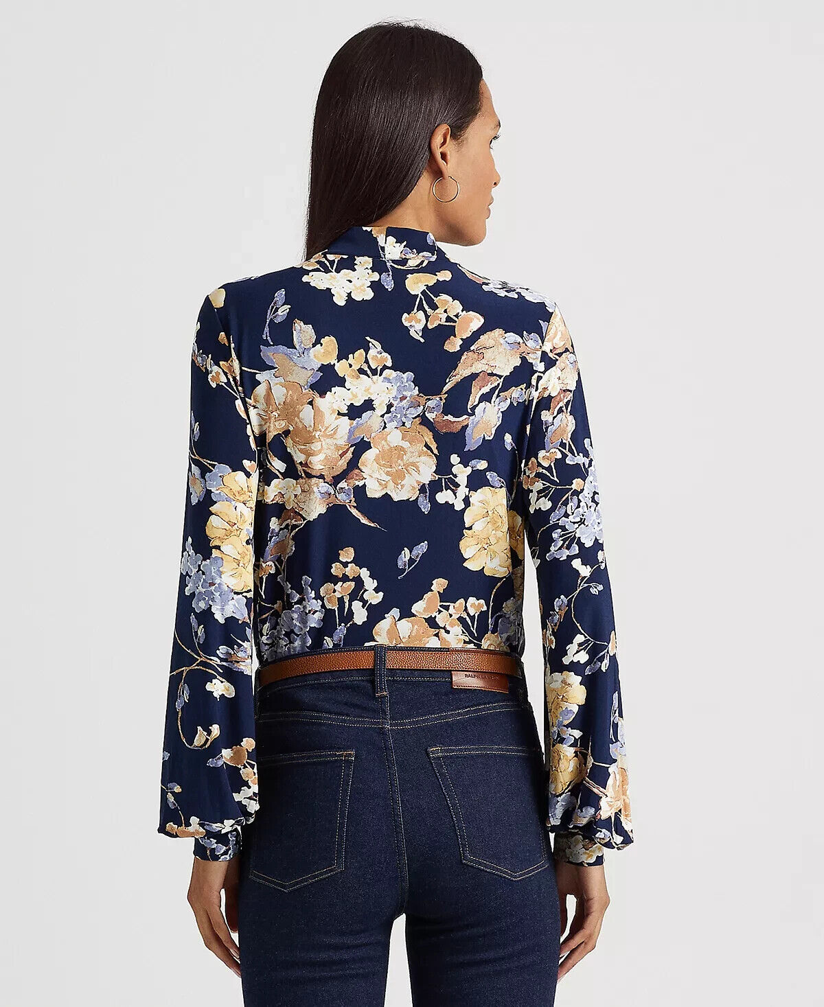 LAUREN RALPH LAUREN Women's Floral Tie-Neck Stretch Jersey Top Navy Size XS $125