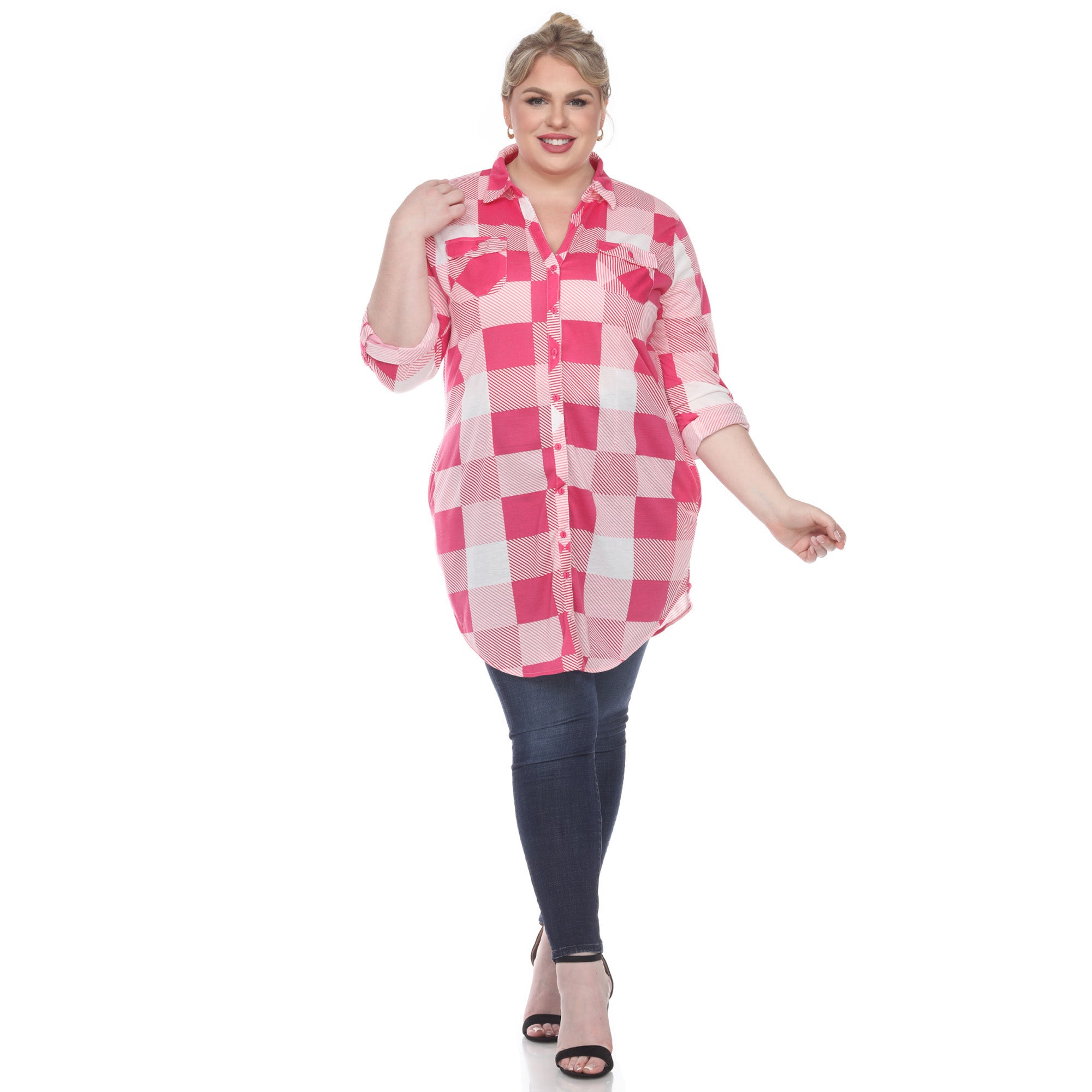 White Mark Women's Plus Size Buffalo Plaid Tunic Shirt Pink Size 1X
