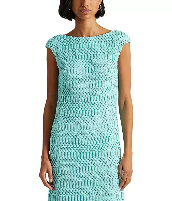 Lauren Ralph Lauren Lattice Lace Cap-Sleeve Dress Blue Size 8 MSRP $155