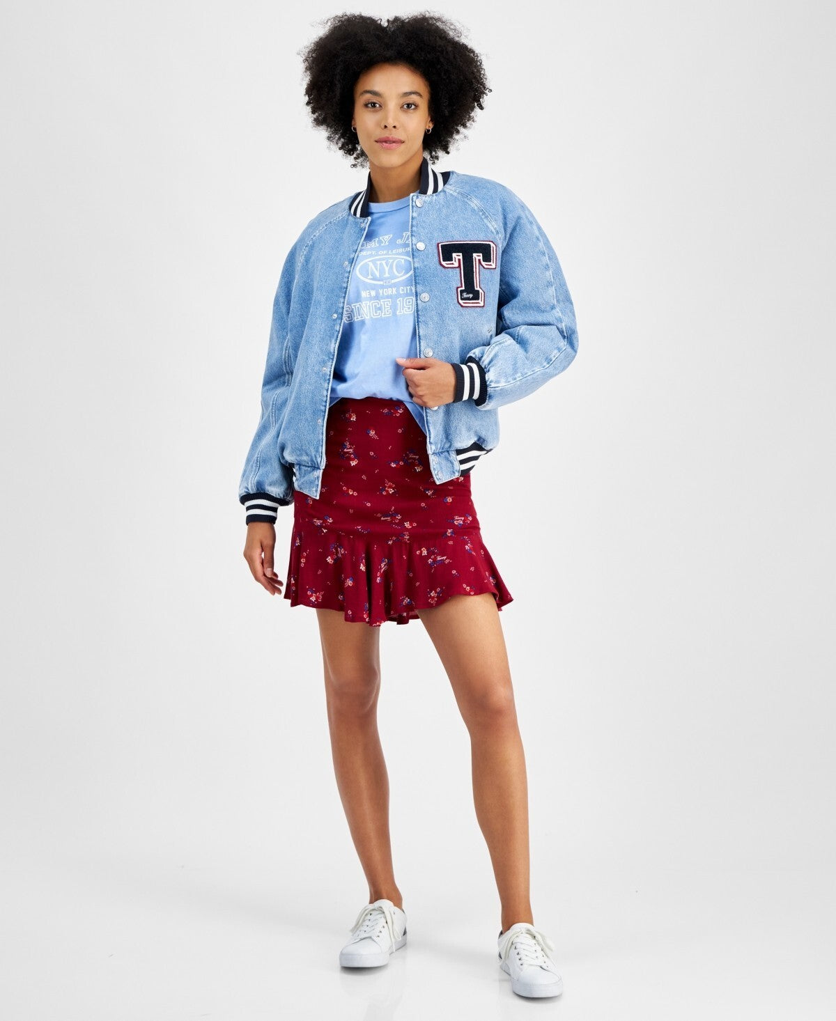 Tommy Jeans Women Denim Snap-Front Cotton Letterman Jacket BLUE Size S MSRP$239