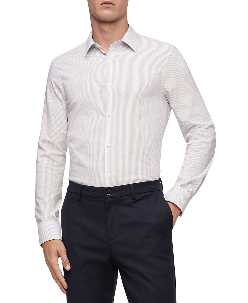 Calvin Klein Mens Stretch Dobby Stripe Button Shirt white blue Size L MSRP $70