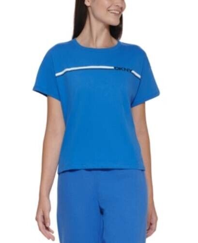 Dkny Sport Women's Cotton Logo-Stripe Cropped T-Shirt Blue Size L MSRP $40