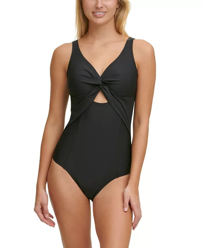 DKNY Peekaboo Twist-Detail Low-Back One-Piece Swimsuit Black Size 16 MSRP $108