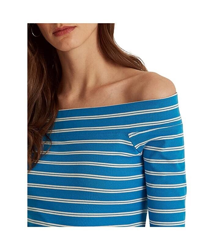 LAUREN Ralph Lauren Striped Off Shoulder Stretch Cotton Tee Blue Size S MSRP $60