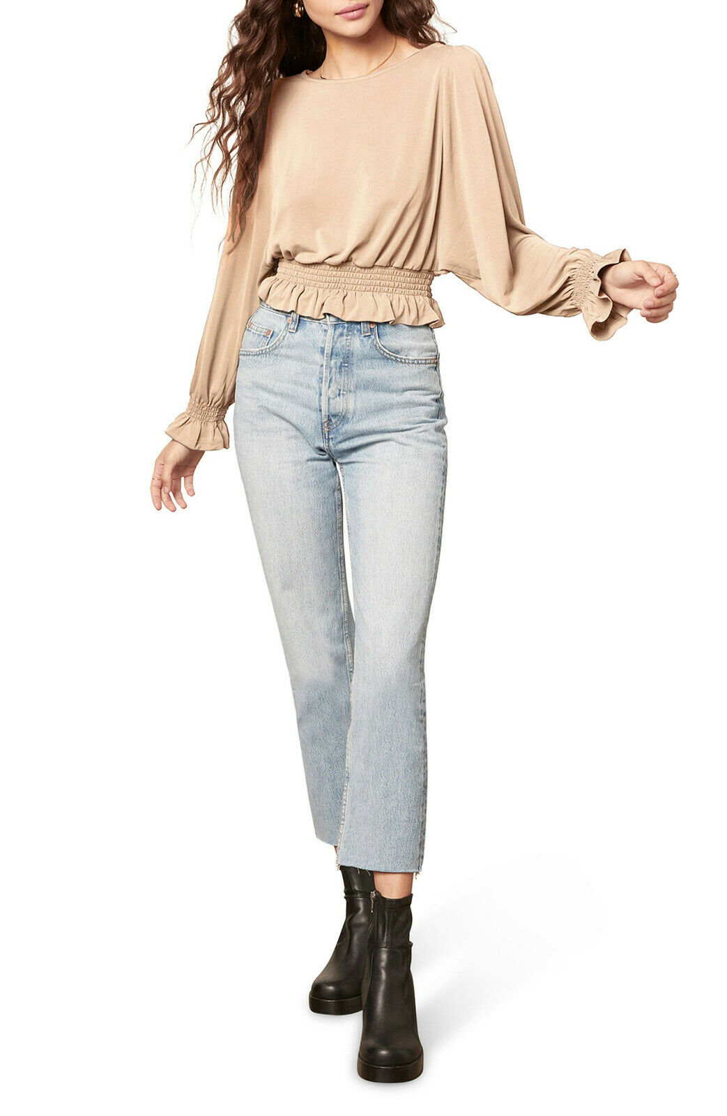 BB Dakota Sleeve To Believe Smocked Top Womens light brown Size L MSRP $59