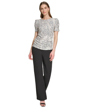 Dkny Women's Crewneck Side-Ruched Short-Sleeve Top SAND BEIGE Size M MSRP $59