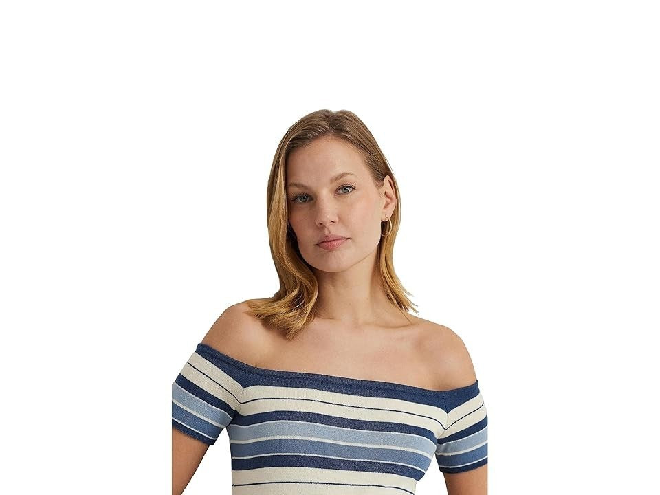 Lauren Ralph Lauren Womens Striped Off-The-Should Blue Size L MSRP $125