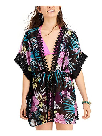 Miken Juniors Lace-Inset Tie-Front Kimono Cover-up, Swimsuit - Tropical Multi M