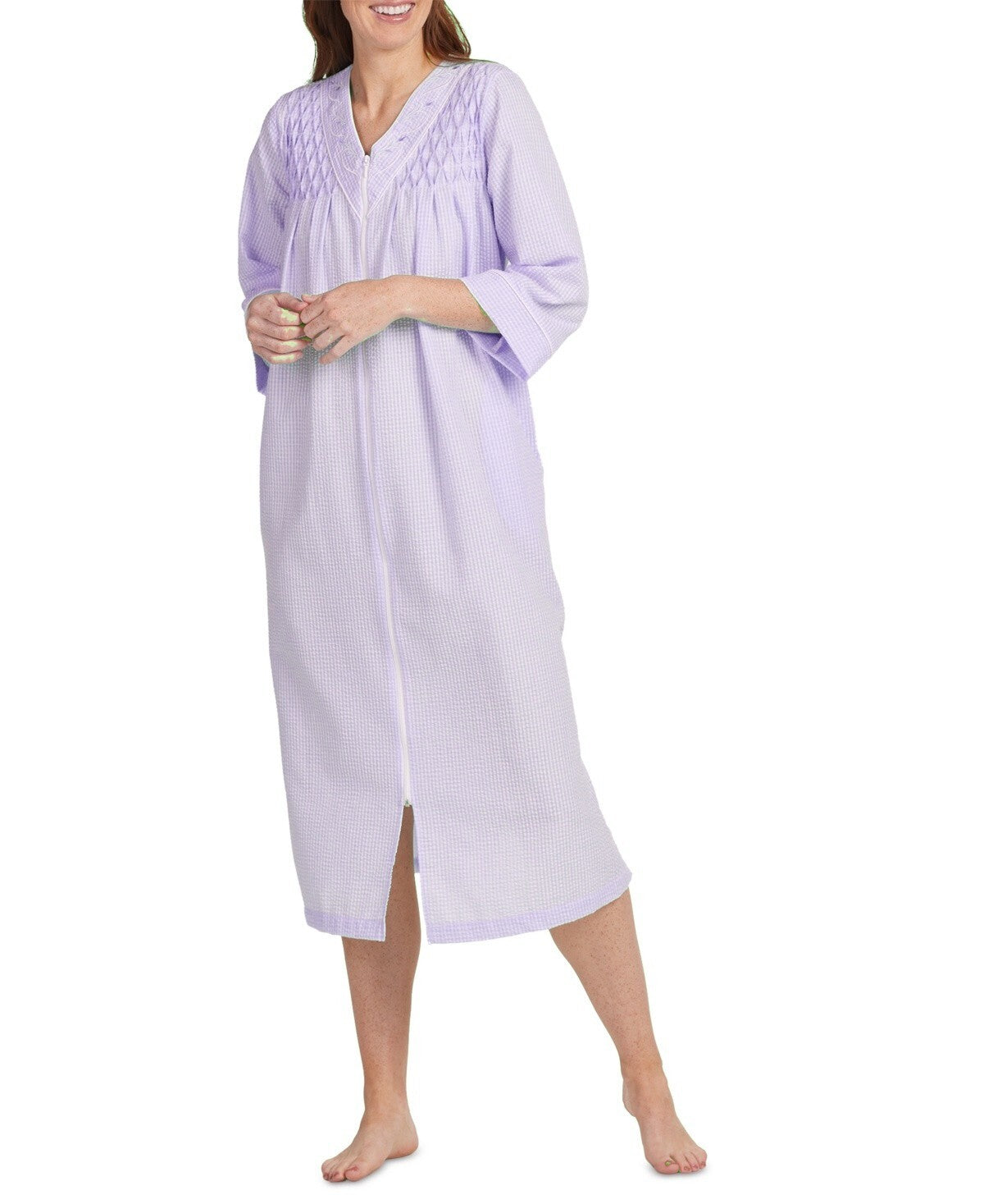 Miss Elaine Women's 3/4-Sleeve Plaid Zip-Front Robe Purple Size L MSRP $79