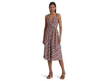 LAUREN Ralph Lauren Belted Cotton Madras Dress Purple Navy Size 8 MSRP $195