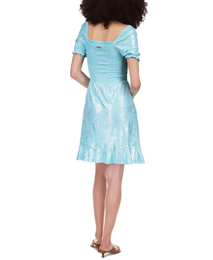 Michael Kors Foil-Print Smocked Peasant Dress Turquoise Blue Size S MSRP $125
