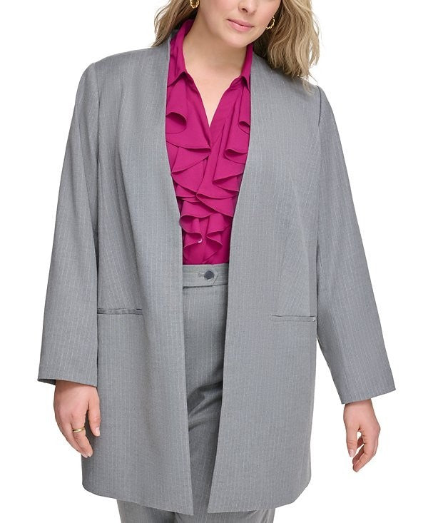 Calvin Klein GREY Collarless Open-Front Pinstriped Blazer PLUS SIZE 16W $169