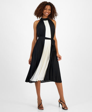 T Tahari Women's Halter-Neck Sleeveless Midi Dress BLACK WHITE Size S MSRP $138