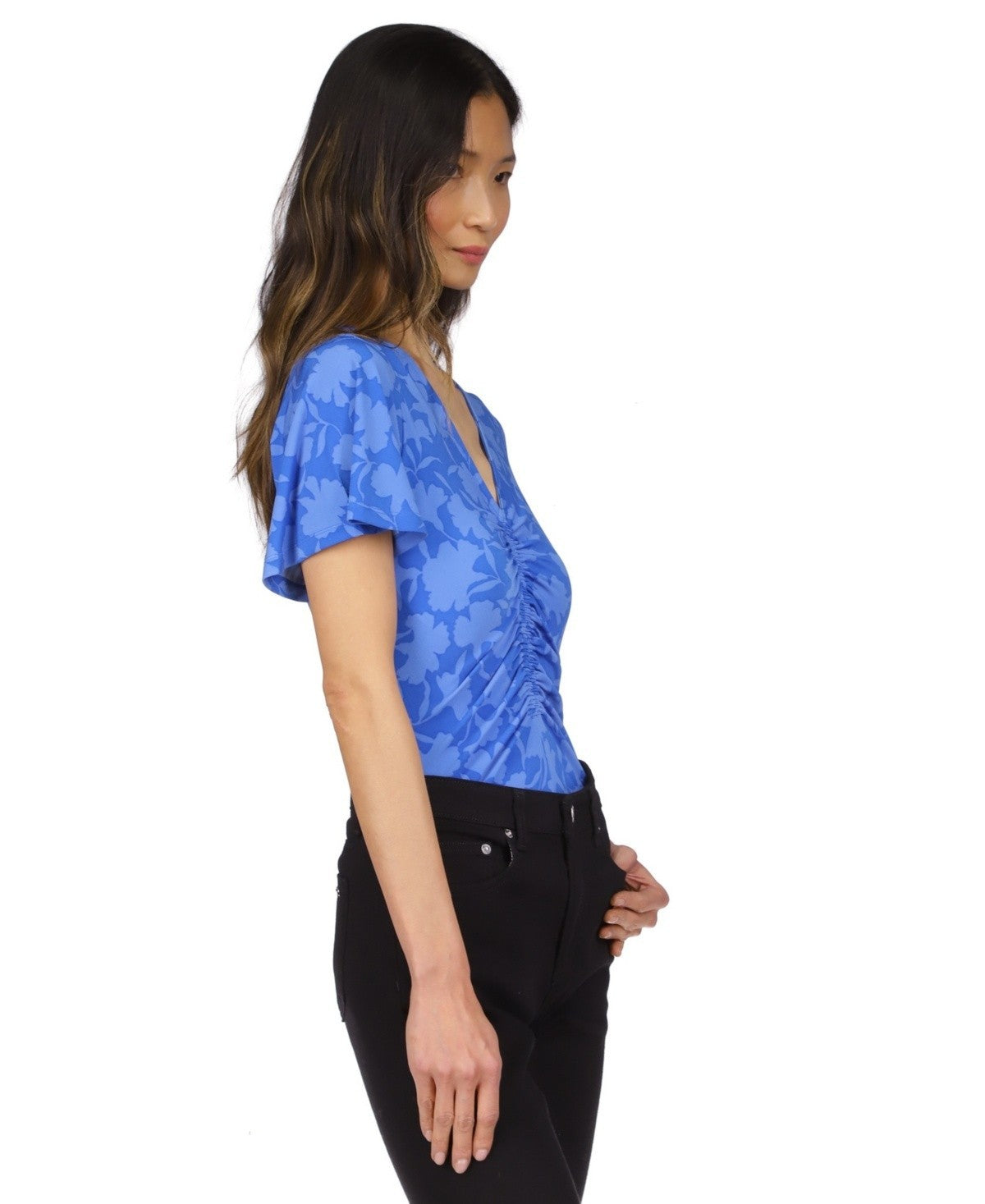 Michael Kors Women's Printed Ruched Flutter-Sleeve Top Blue Size XS MSRP $88