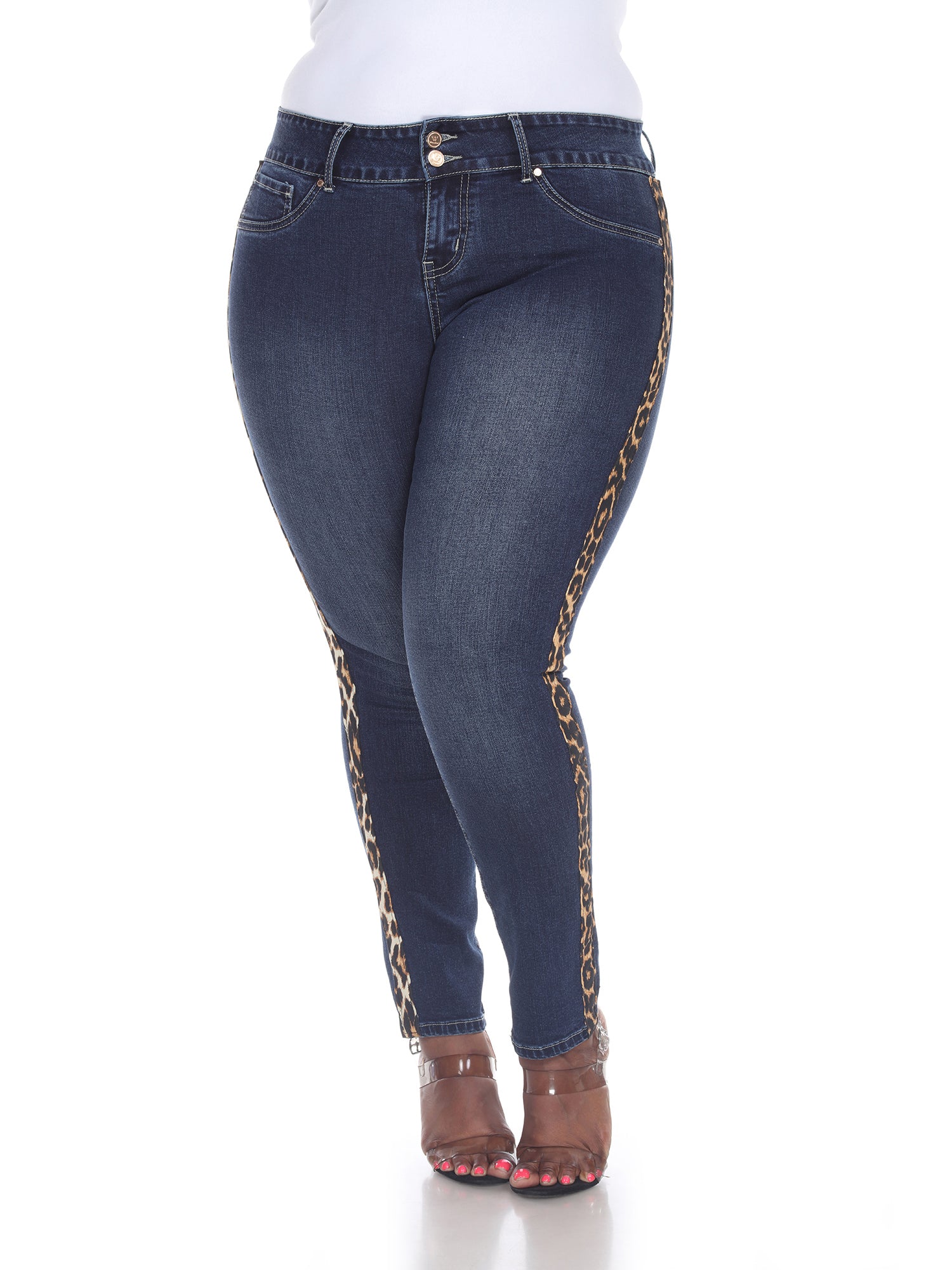 White Mark Women's Plus Size 14 Blue Super Stretch Denim Cheetah Pannel