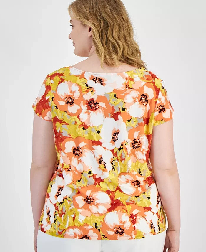 Kasper Cowl-Neck Cap-Sleeve PapayaVanilla Ice Plus Size 1X Orange MSRP $59