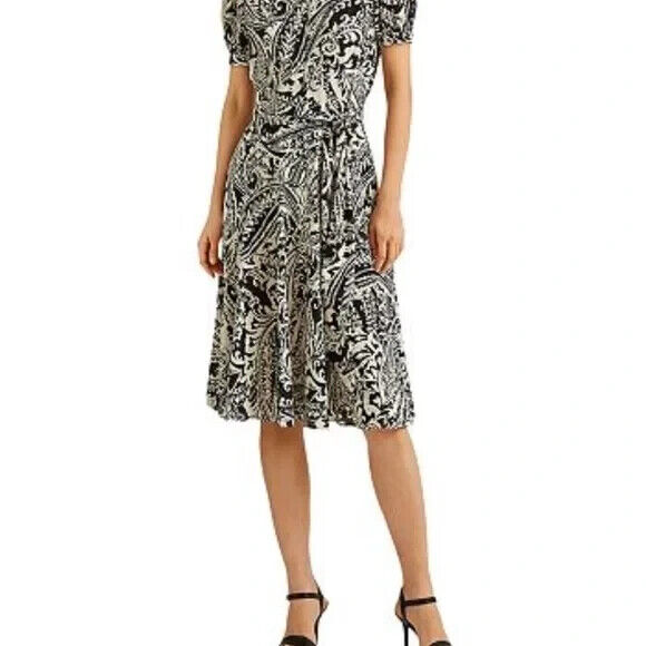 Lauren Ralph Lauren Paisley MIDI Dress Black Cream Size 12 MSRP $155