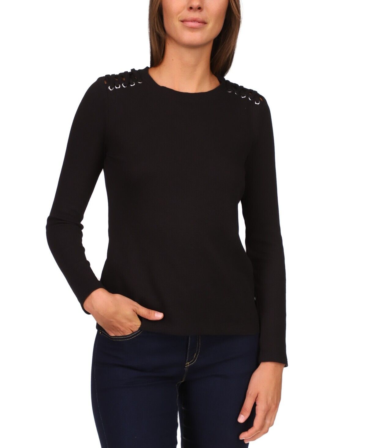 MICHAEL Michael Kors Waffle Shoulder Lace-Up Top Black Size XS MSRP $84