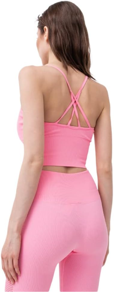 DKNY Women Ribbed Strappy Longline Low Impact Sports Bra Bubblegum, Size M Pink