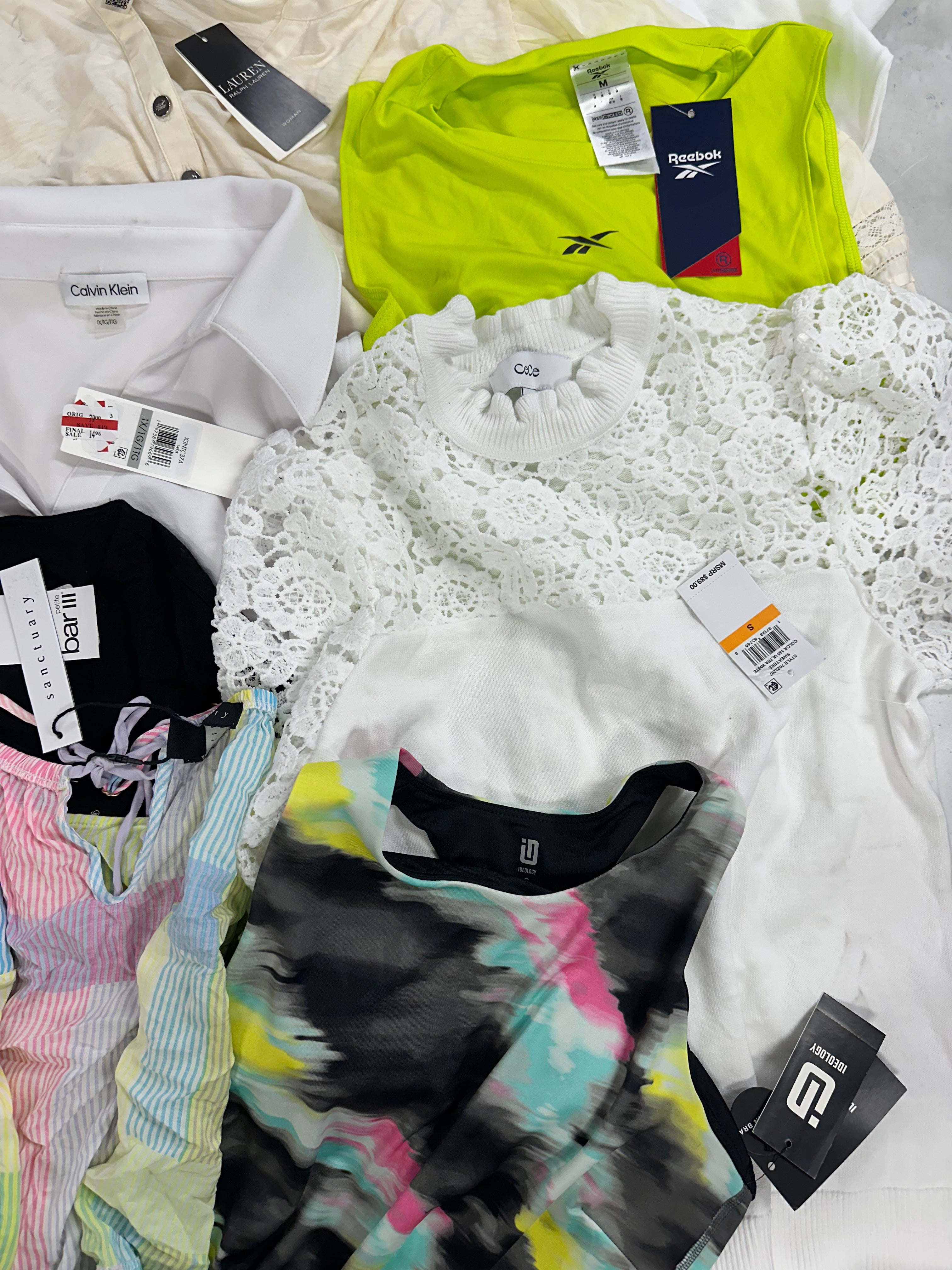 Women's Clothing Tops, Dress and Other, Wholesale Lot, RALPH LAUREN, Reebok, DKNY, CALVIN KLEIN, GUESS, SANCTUARY and more, 13 items, Shelf Pulls, MSRP $814