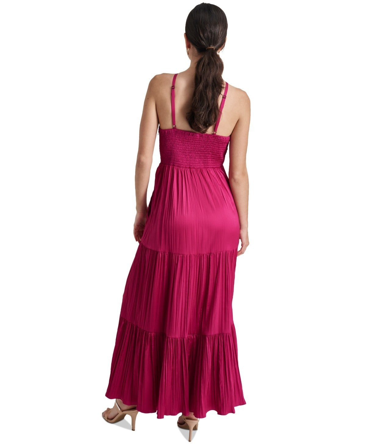 DKNY Women's Sleeveless Tiered Pleated Halter-Neck Dress Size 14 Pink MSRP $149