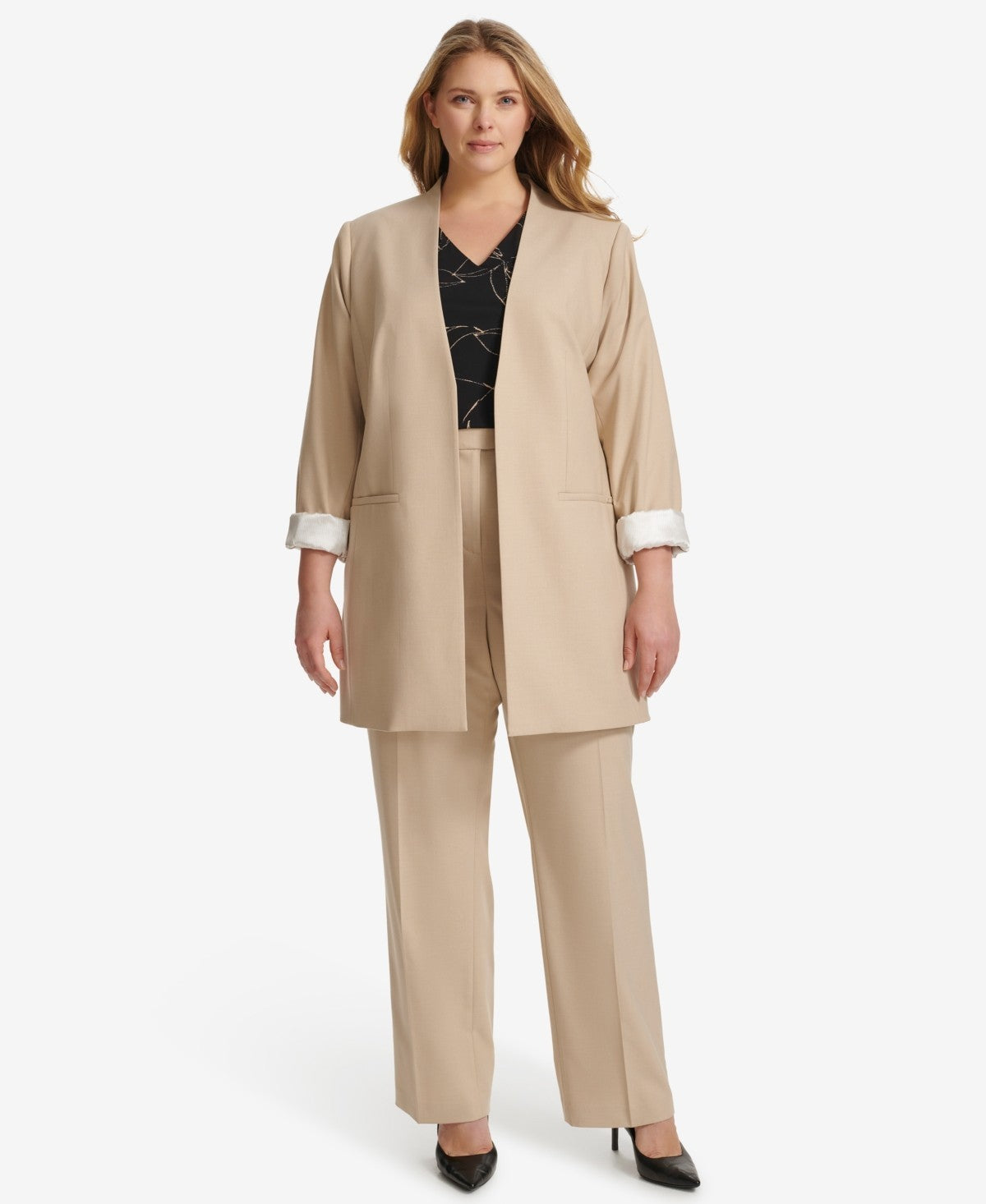 Calvin Klein Plus Size 16W 3/4-Sleeve Open-Front Blazer Beige MSRP $169