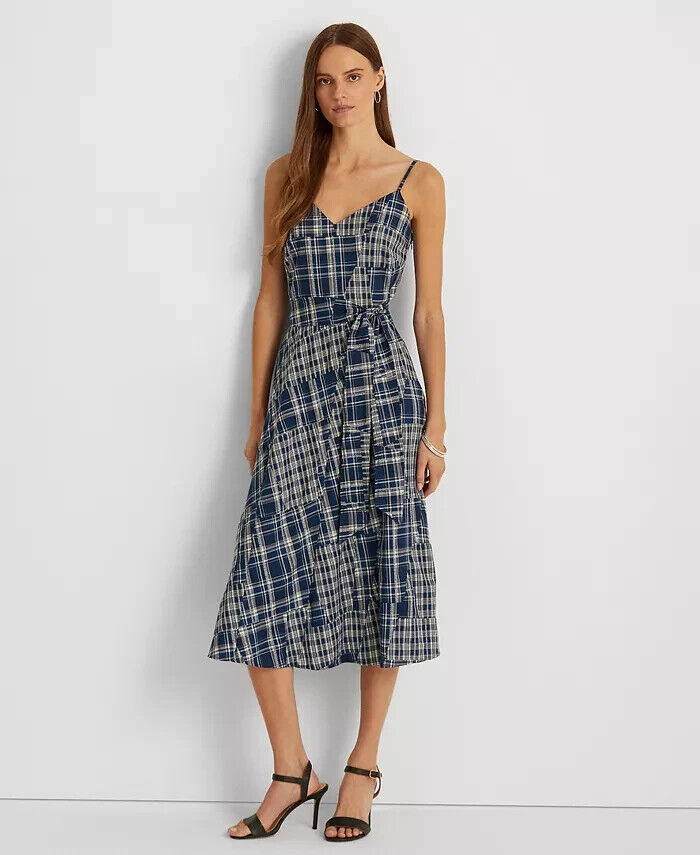 LAUREN RALPH LAUREN Patchwork Cotton Sleeveless Dress Blue Size 14 MSRP $265