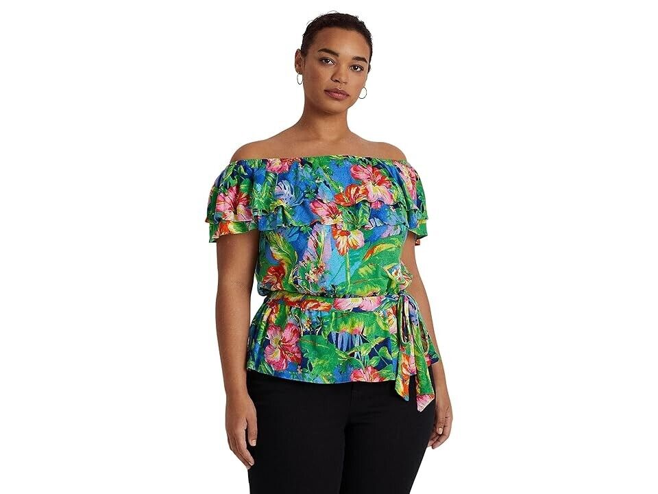 LAUREN Ralph Lauren Floral Jersey Off-the-Shoulder Top Green Plus Size 2X $125