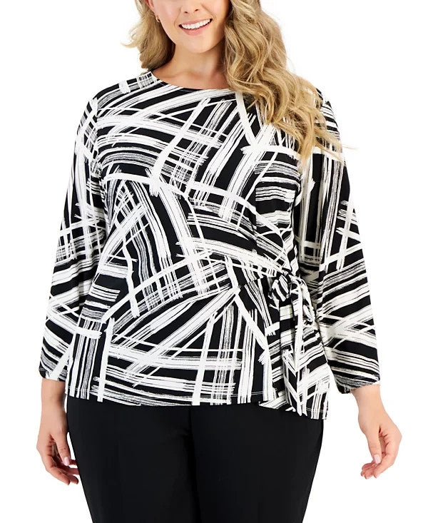 Kasper Plus Size 1X Abstract-Print 3/4 Sleeve Side-Tie Top Black White MSRP $79
