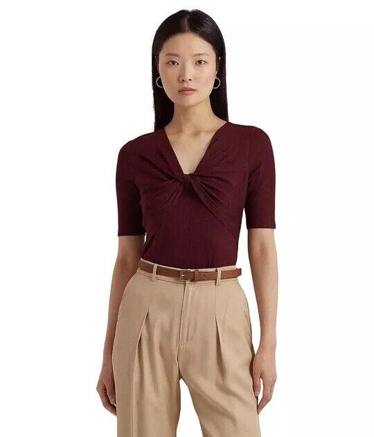 LAUREN RALPH LAUREN Twist-Front Rib-Knit Cotton-Blend T-Shirt Red Size XXL $90
