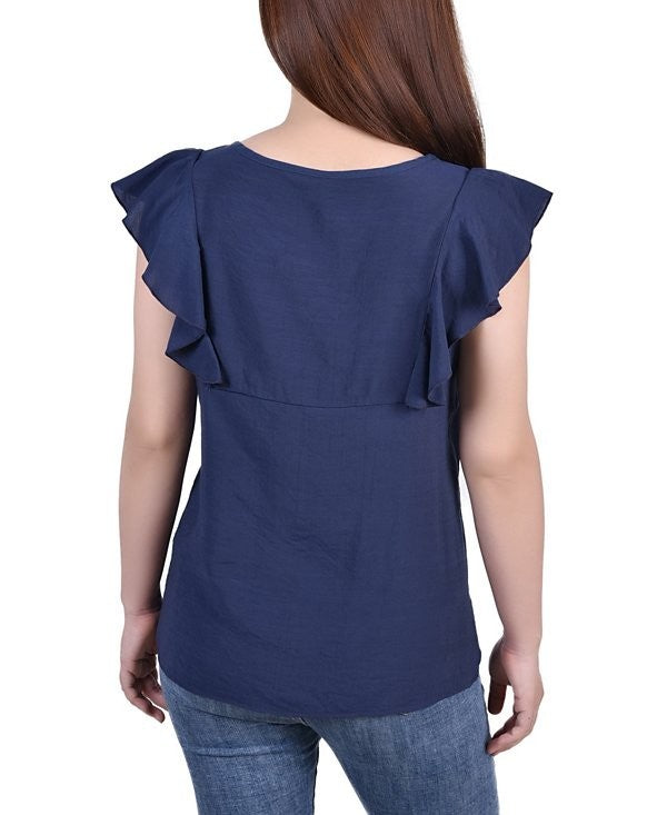 NY Collection Petite PM Sleeveless Flutter Yoke Blouse NAVY $42