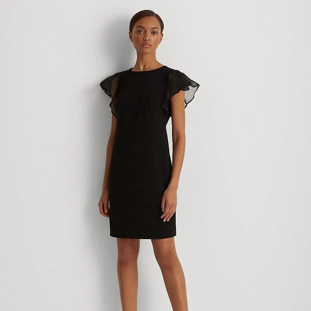 Lauren Ralph Lauren Crepe Flutter Sleeve Dress Black Size 12 MSRP $135