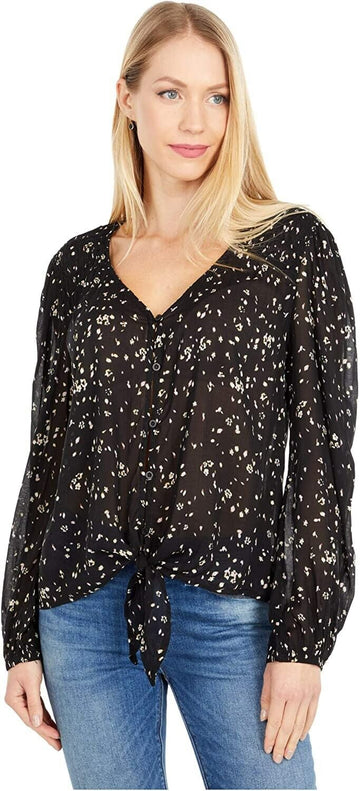 Bella Dahl Bishop Sleeve Tie Front Top Blouse Black SIze XS