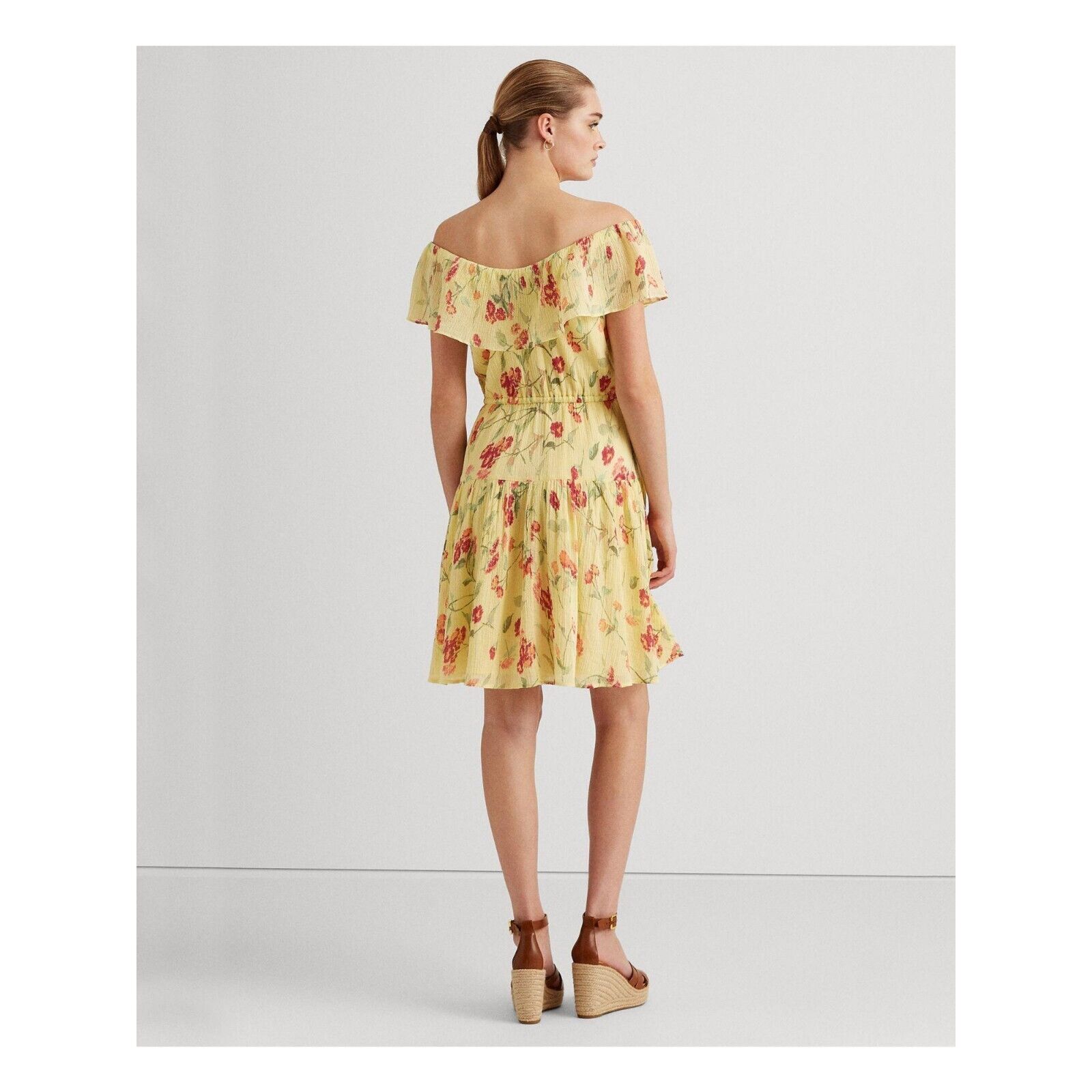 Ralph Lauren Yellow Ruffled Elastic Floral Flutter Dress Size 14 MSRP $145