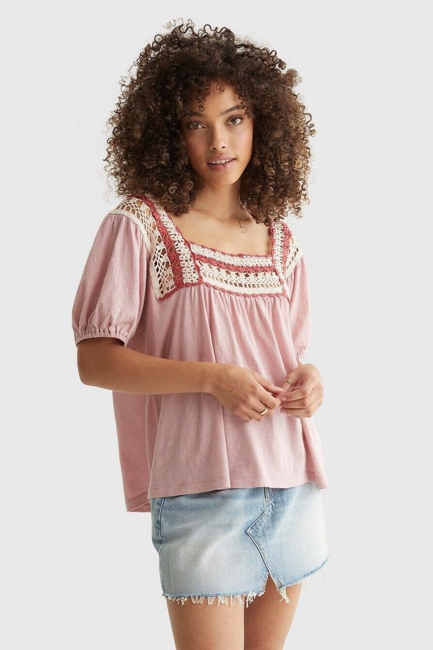 Lucky Brand Women's Square Neck Crochet Top Pink Size XS MSRP $70
