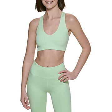 Calvin Klein Thin Rib V-Neck Sports Bra w/ Removable Cups, Key Lime, Medium