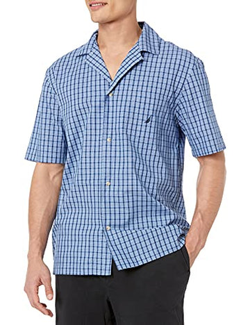 Nautica Men's Short Sleeve 100% Cotton Woven Button Down Pajama Top Blue, Size S