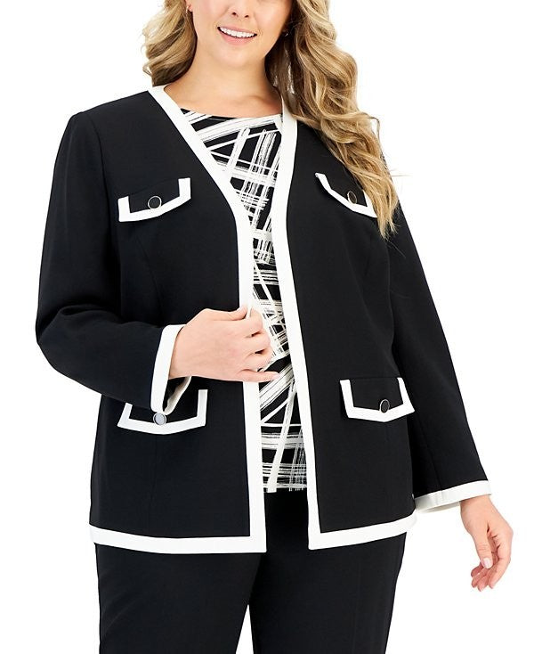 Kasper Plus Size 1X Tipped Collarless Open-Front Jacket Black $139