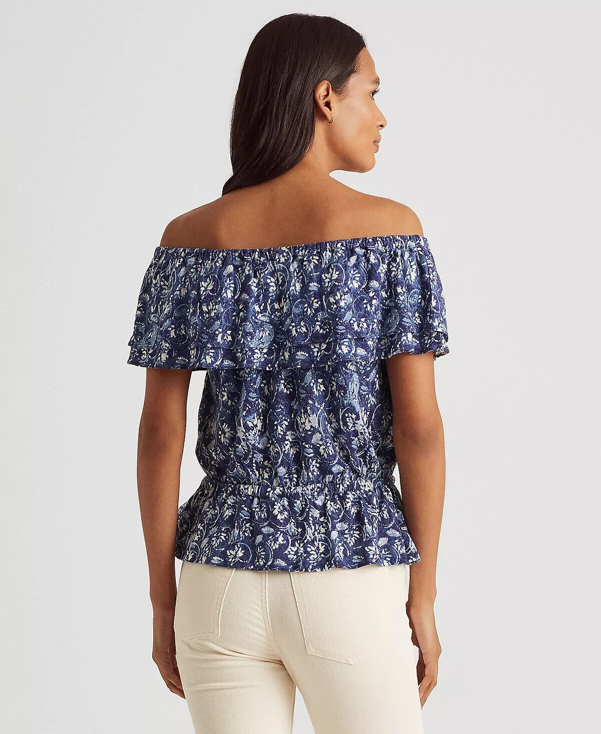 LAUREN RALPH LAUREN Floral Off-the-Shoulder Jersey Top Blue Size XL MSRP $115