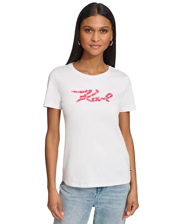 KARL LAGERFELD PARIS Women's Floral Short-Sleeve Graphic T-Shirt White Size M