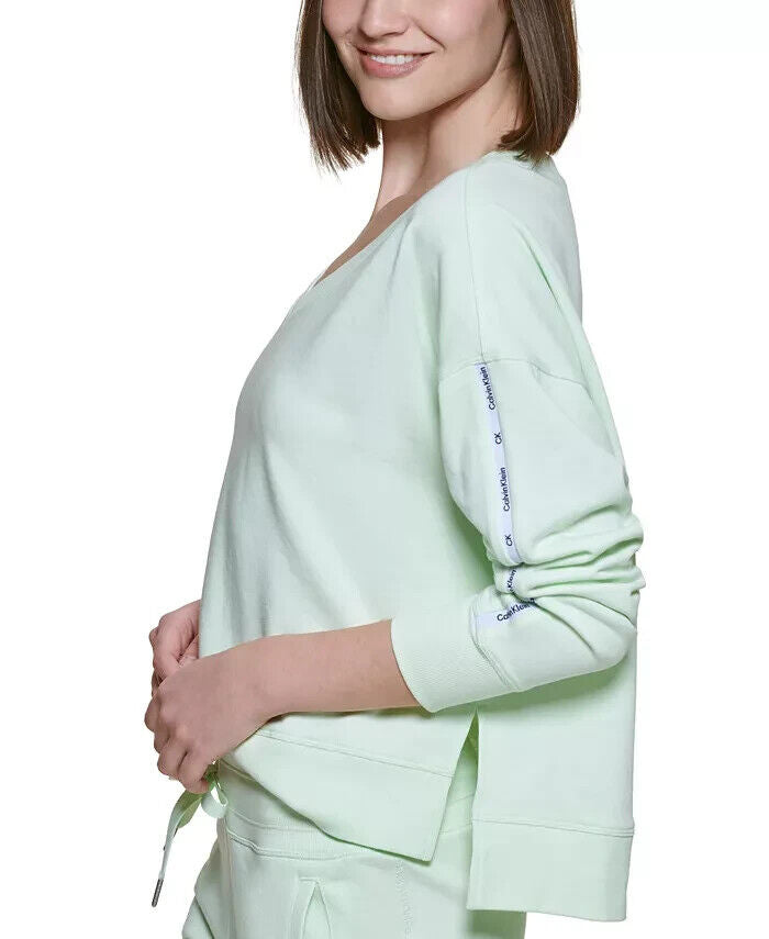 CALVIN KLEIN Women's V-Neck High-Low Sweatshirt Green Size XL MSRP $60