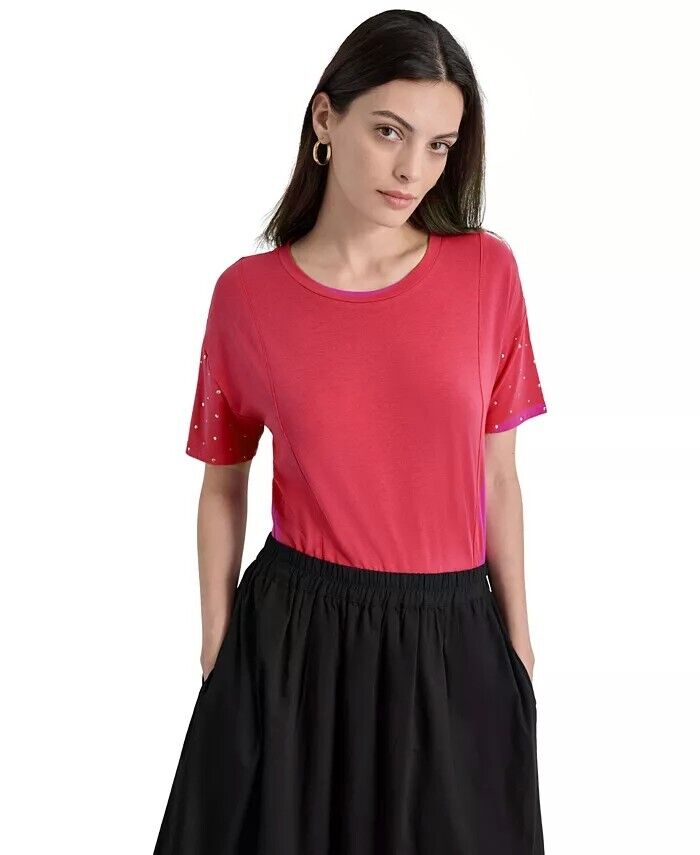 DKNY Womens Crewneck Embellished-D TOP SHIRT ORANGE PINK Size L MSRP $59