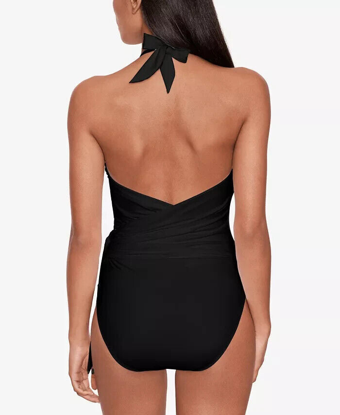 Ralph Lauren BLACK Halter Side-Tie Tummy Control One Piece Swimsuit SZ 8 $144