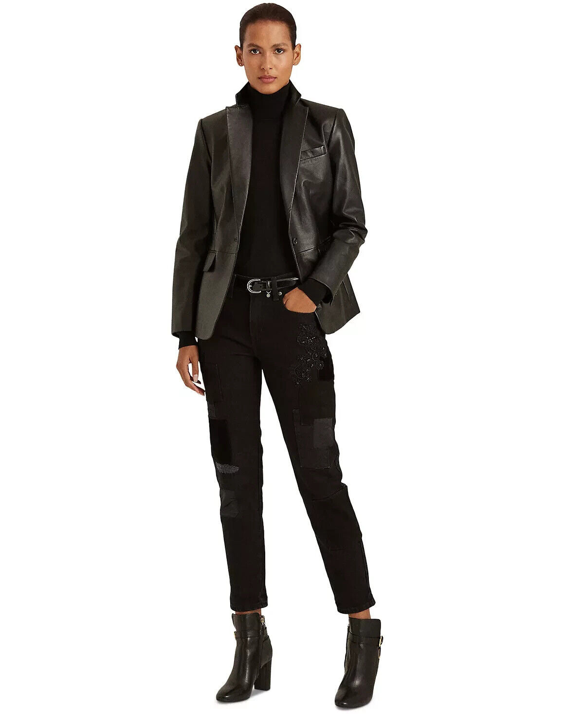 Ralph Lauren Women Patchwork Relaxed Tapered Jeans Wash Black Size 10 MSRP $175